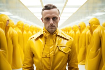 Protective Man wearing yellow latex. Stylish guy with trendy yellow background. Generate ai