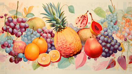 Obraz na płótnie Canvas Pastel fruit illustration peach grapes