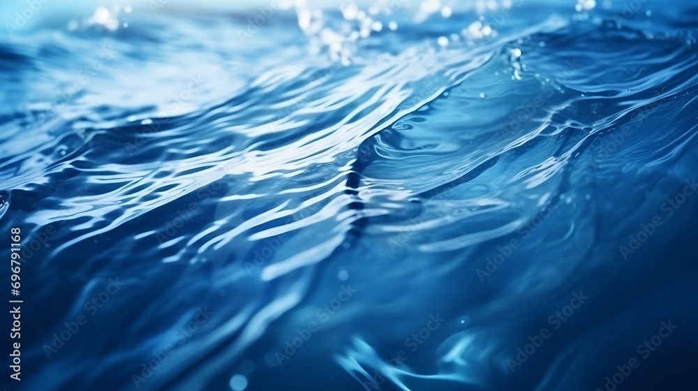 Poster blue textured background of waves with ripples on the water. close-up, selective focus, defocus : ge