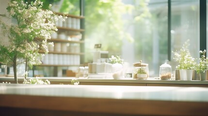 Blur or defocus white color coffee shop cafe or restaurant modern and minimal style interior with nature green tree out side. In the shop have a customer or people in side. use for bac : Generative AI