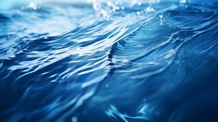Blue textured background of waves with ripples on the water. Close-up, selective focus, defocus : Generative AI