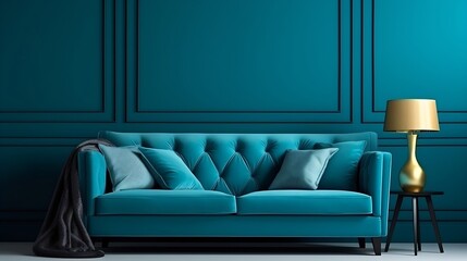 Close-up on nice blue sofa with decorative pillows in room with teal blue wall with molding, white curtains and black lamp : Generative AI