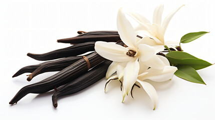 Vanilla pods and flower isolated on white background
