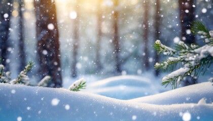 blurry image of a winter forest small snowdrifts and light snowfall a beautiful winter themed background wide format