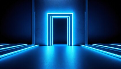 3d render abstract minimalist blue geometric background bright neon light doorway portal glowing in the dark