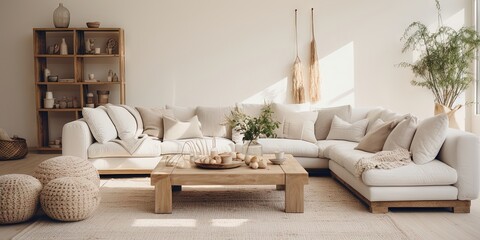 Modern luxury, minimal, elegant, neutral, cozy, white bohemian, boho living room with a sofa and plants. soft earthy colors, Interior design inspiration.