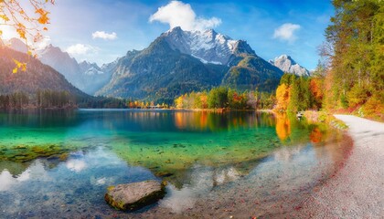 majestic autumn view of hintersee lake with hochkalter peak on background germany europe gorgeous morning view of bavarian alps beauty of nature concept background - obrazy, fototapety, plakaty