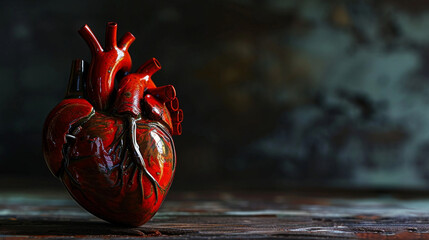 A striking image of a heart-shaped medical device, such as a pacemaker or defibrillator, against a dark background. - obrazy, fototapety, plakaty