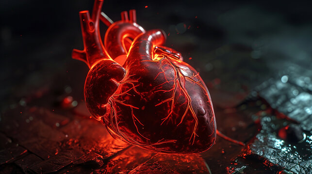 A striking image of a heart-shaped medical device, such as a pacemaker or defibrillator, against a dark background.