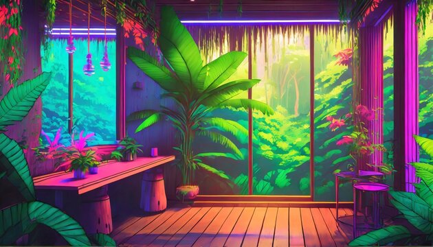 Colorful Lofi Empty Interior Anime Manga Style With Jungle View Cozy Chill Vibes And Hip Hop Atmospheric Lights 4k Wallpaper