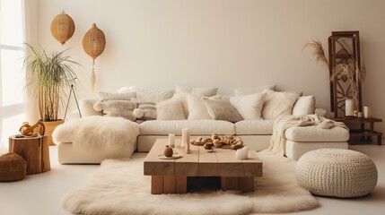 Fototapeta na wymiar Modern luxury, minimal, elegant, neutral, cozy, white bohemian, boho living room with a sofa and plants. soft earthy colors, Interior design inspiration.