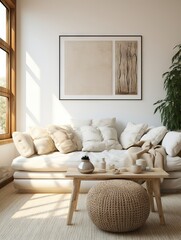 Modern luxury, minimal, elegant, neutral, cozy, white bohemian, boho living room with a sofa and plants. soft earthy colors, Interior design inspiration.