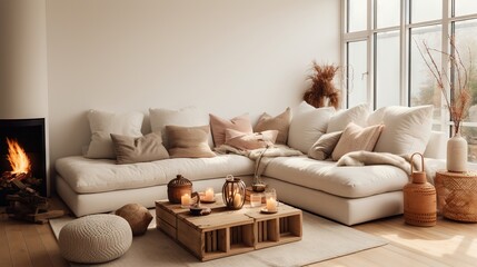 Modern luxury, minimal, elegant, neutral, cozy, white bohemian, boho living room with a sofa and plants. soft earthy colors, Interior design inspiration.