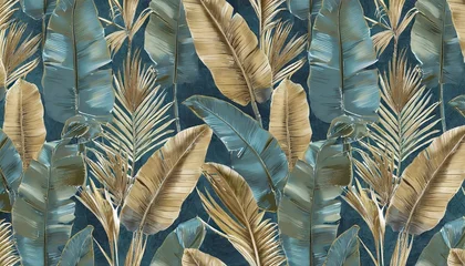 Fototapeten tropical seamless pattern with beautiful palm banana leaves hand drawn vintage 3d illustration glamorous exotic abstract background design good for luxury wallpapers cloth fabric printing goods © Toby