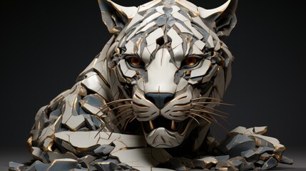 Tiger in kintsugi style. An animal sculpture made from broken fragments.