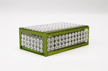 Mirror Glass Jewelery Box White Beaded Jewelery Box With Green Border Closeup Photo White Background