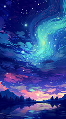 Hand drawn anime beautiful night dreamy starry sky illustration
