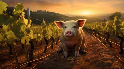 A wise old pig overseeing a tranquil vineyard at sunset
