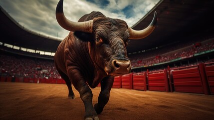 Bull in a vibrant Spanish bullfighting arena
