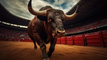 Rolgordijnen Bull in a vibrant Spanish bullfighting arena © MAY