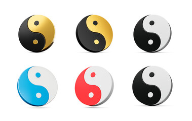 3d Different Set Of Yin And Yang Symbol of Harmony And Balance On White Background, 3d illustration