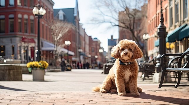 A poodle posing in a classic city setting