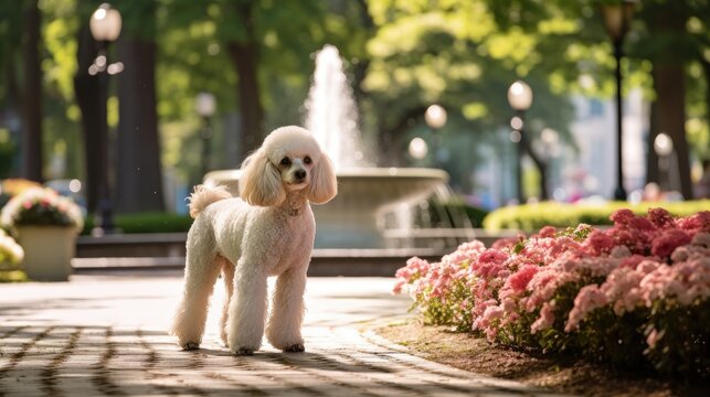 A poised poodle in a city park