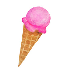 Ice cream  ,strawberry  ice cream cone, pink ice cream balls, dessert, watercolor illustration