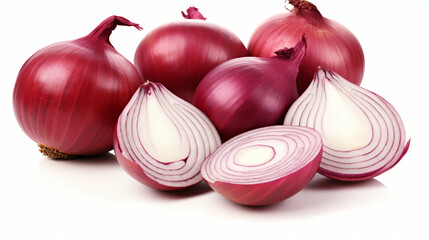 Whole and sliced red onion isolated on white background