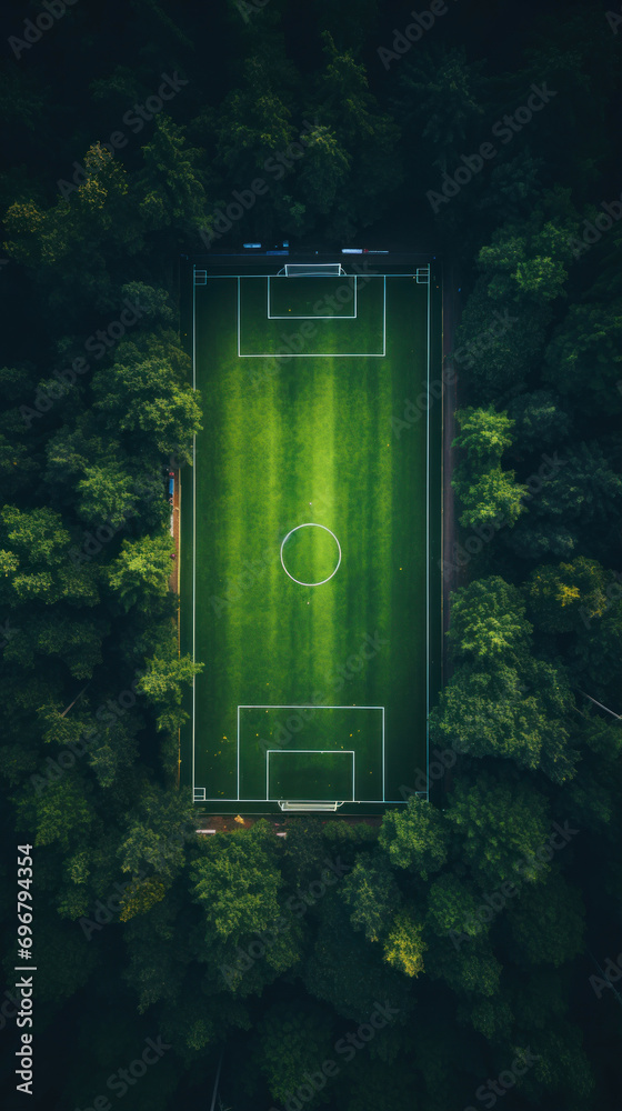 Wall mural aerial view of a soccer field in the forest. top view