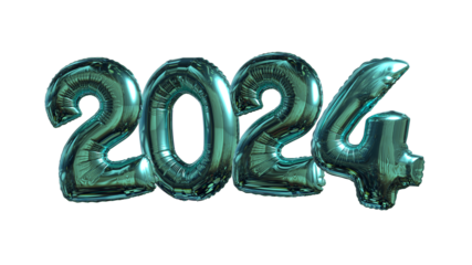 Shiny teal-colored balloon numbers of the year 2024 isolated on white background. Vertical dimensions, mobile format.