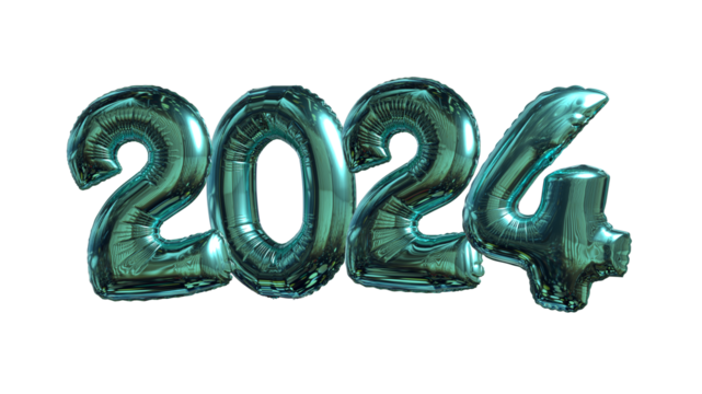 Shiny teal-colored balloon numbers of the year 2024 isolated on white background. Vertical dimensions, mobile format.