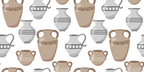 Seamless Pattern with Ancient Greek Vases and Jars Set. Ceramic Vases Collection. Cartoon Vector Print. Antique Style Pottery Clay Jars