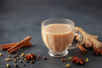 Traditional middle eastern beverage, indian drink masala tea or arabian karak chai. Closeup