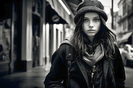 young woman street portrait black and white