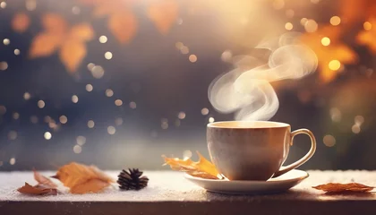 Fototapeten cozy autumn winter banner template steaming coffee tea cup blurred background © Bryson
