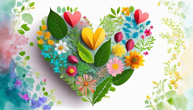 the shape of a heart drawn with a multitude of leaves and colorful flowers on a white background valentine s day lovers day spring is coming generative ai