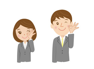 スーツを着た就活生、新入社員、OKサイン、男女、表情