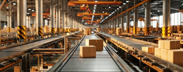 gros plan sur des cartons pos&eacute;s sur des tapis roulants dans un entrep&ocirc;t de logistique