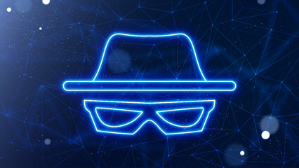 Glowing neon incognito connection on a futuristic scientific mesh background. Hacker illustration concepts. Dark background with plexus lines - obrazy, fototapety, plakaty