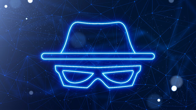 Glowing neon incognito connection on a futuristic scientific mesh background. Hacker illustration concepts. Dark background with plexus lines