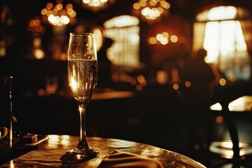 Elegant Glass of Champagne Sitting on Table in Elegant Upscale Restaurant, Fine Dining Wine