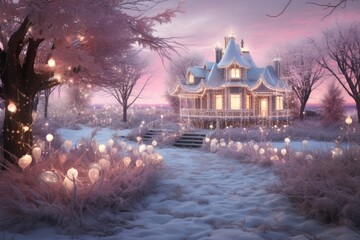 Enchanting Snowy Mansion in a Winter Wonderland