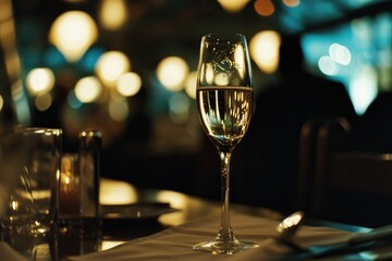 Elegant Glass of Champagne Sitting on Table in Elegant Upscale Restaurant, Fine Dining Wine - obrazy, fototapety, plakaty