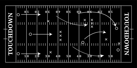 Board American football field black, top view with tactics
