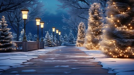 Enchanting Boardwalk at Night with Snow-Clad Trees and Lights