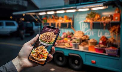 une personne regarde la carte d'un restaurant sur son smartphone, food truck en arrière-plan