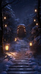Enchanting Night Path Leading Through the Snowy Forest