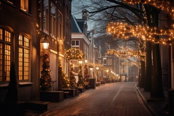 Fototapeta na wymiar Festive Street Illuminated with Christmas Lights