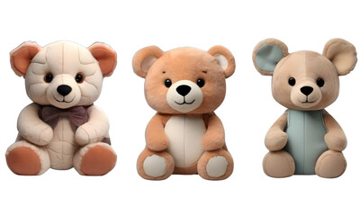 Set of 3 Stuffed  Bears , Cutout and Isolated on a Transparent PNG Background.